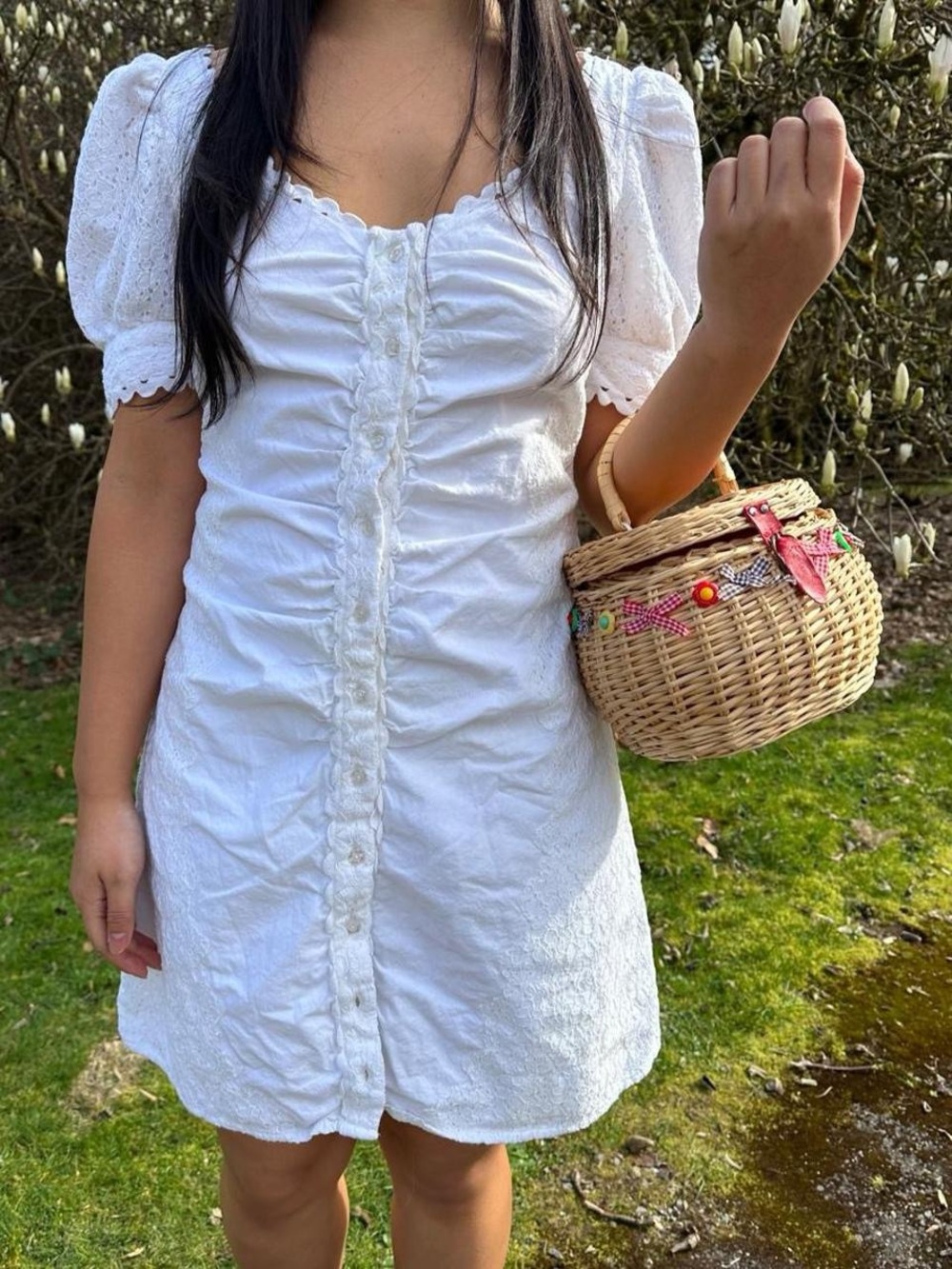 White Ruched Dress w/ Floral Detailing Women’s S